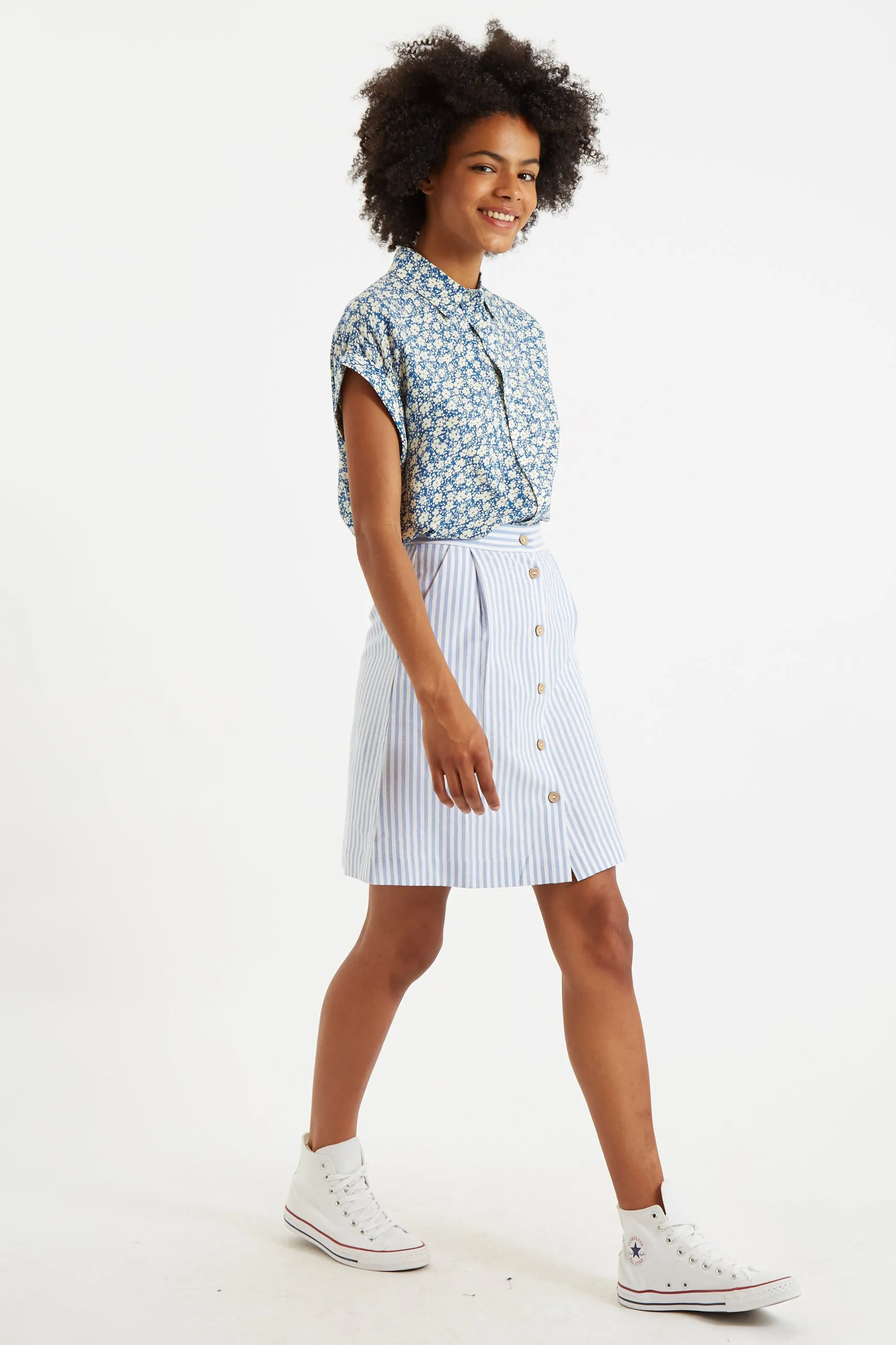 Hela Sail Stripe Button Through A-Line Mini Skirt Blue