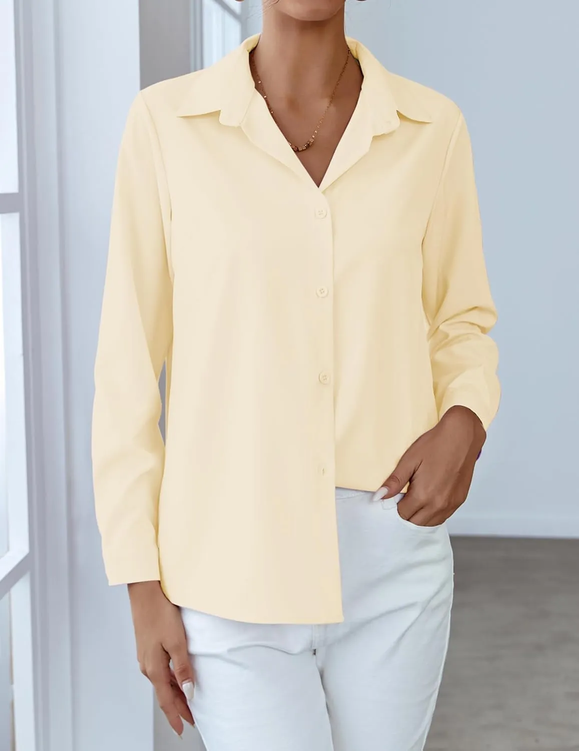 HOTOUCH Women Chiffon Button Down Shirts Long Sleeve Office Blouses Casual Business Work Tops Collared Shirt S-XXL