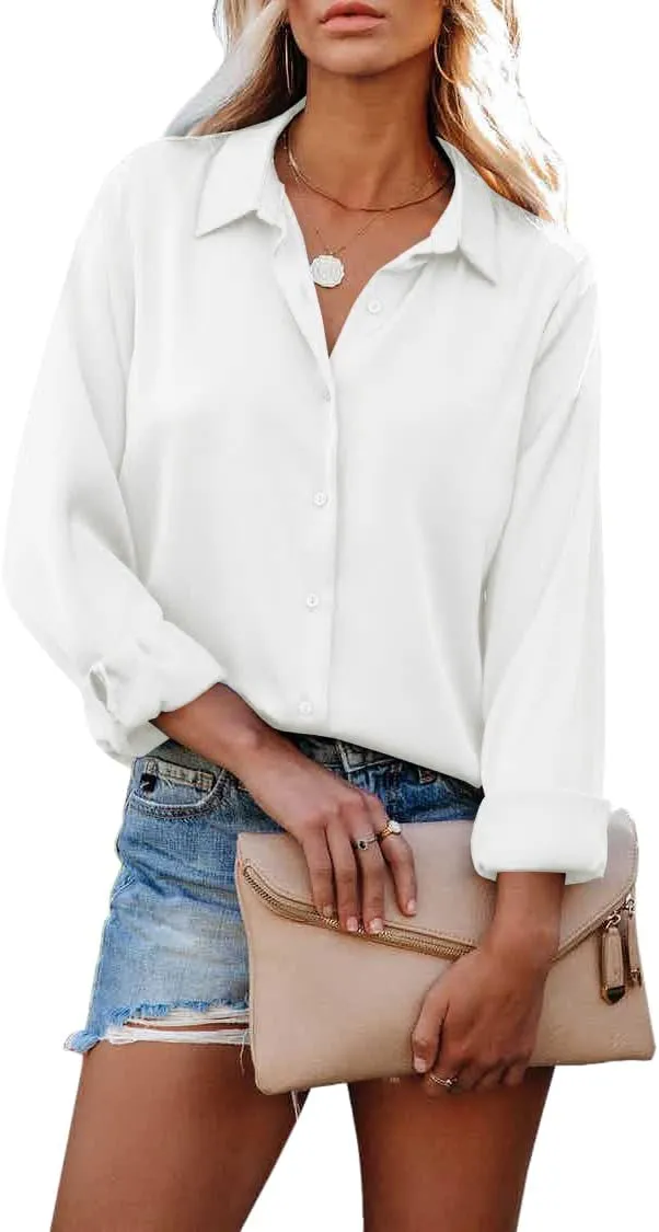 HOTOUCH Women Chiffon Button Down Shirts Long Sleeve Office Blouses Casual Business Work Tops Collared Shirt S-XXL