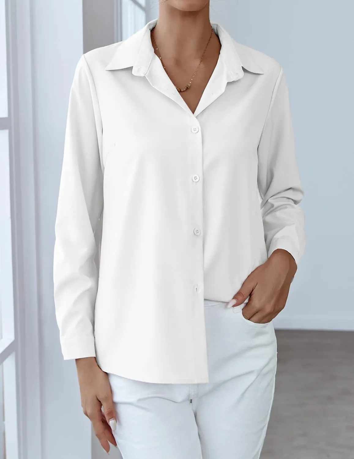 HOTOUCH Women Chiffon Button Down Shirts Long Sleeve Office Blouses Casual Business Work Tops Collared Shirt S-XXL