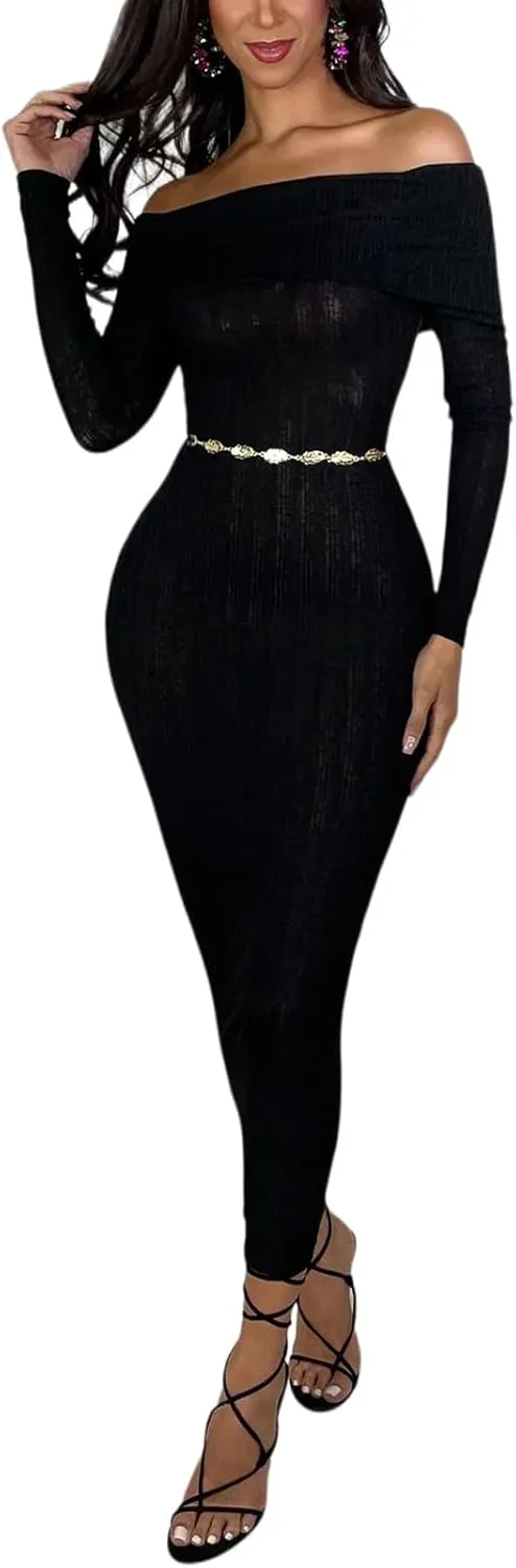 HugeNice Women's Sexy Off Shoulder Midi Dress Long Sleeve Bodycon Ruched Cocktail Party Dresses