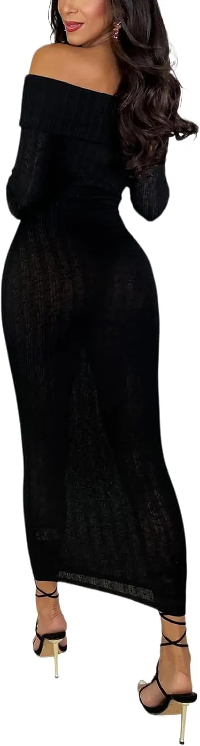 HugeNice Women's Sexy Off Shoulder Midi Dress Long Sleeve Bodycon Ruched Cocktail Party Dresses
