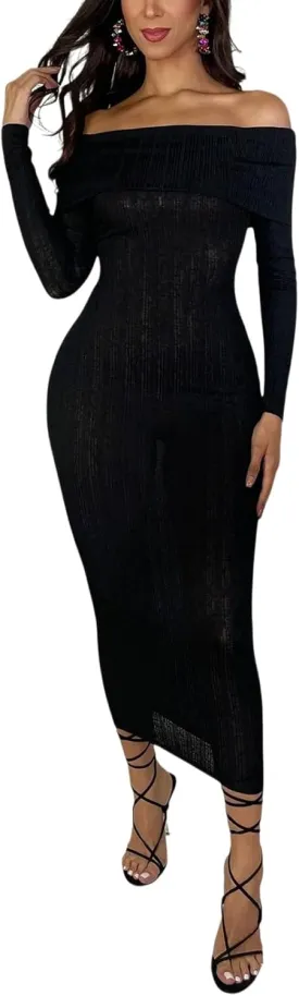 HugeNice Women's Sexy Off Shoulder Midi Dress Long Sleeve Bodycon Ruched Cocktail Party Dresses