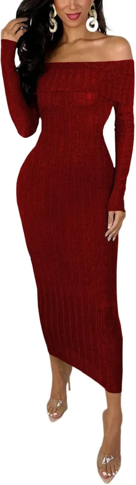 HugeNice Women's Sexy Off Shoulder Midi Dress Long Sleeve Bodycon Ruched Cocktail Party Dresses