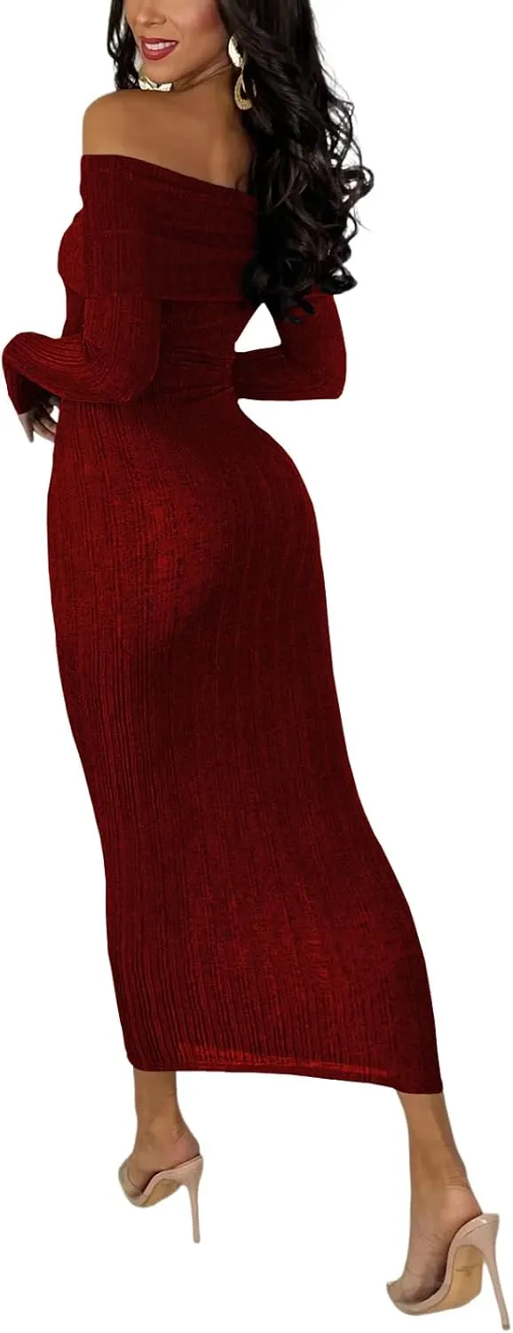 HugeNice Women's Sexy Off Shoulder Midi Dress Long Sleeve Bodycon Ruched Cocktail Party Dresses