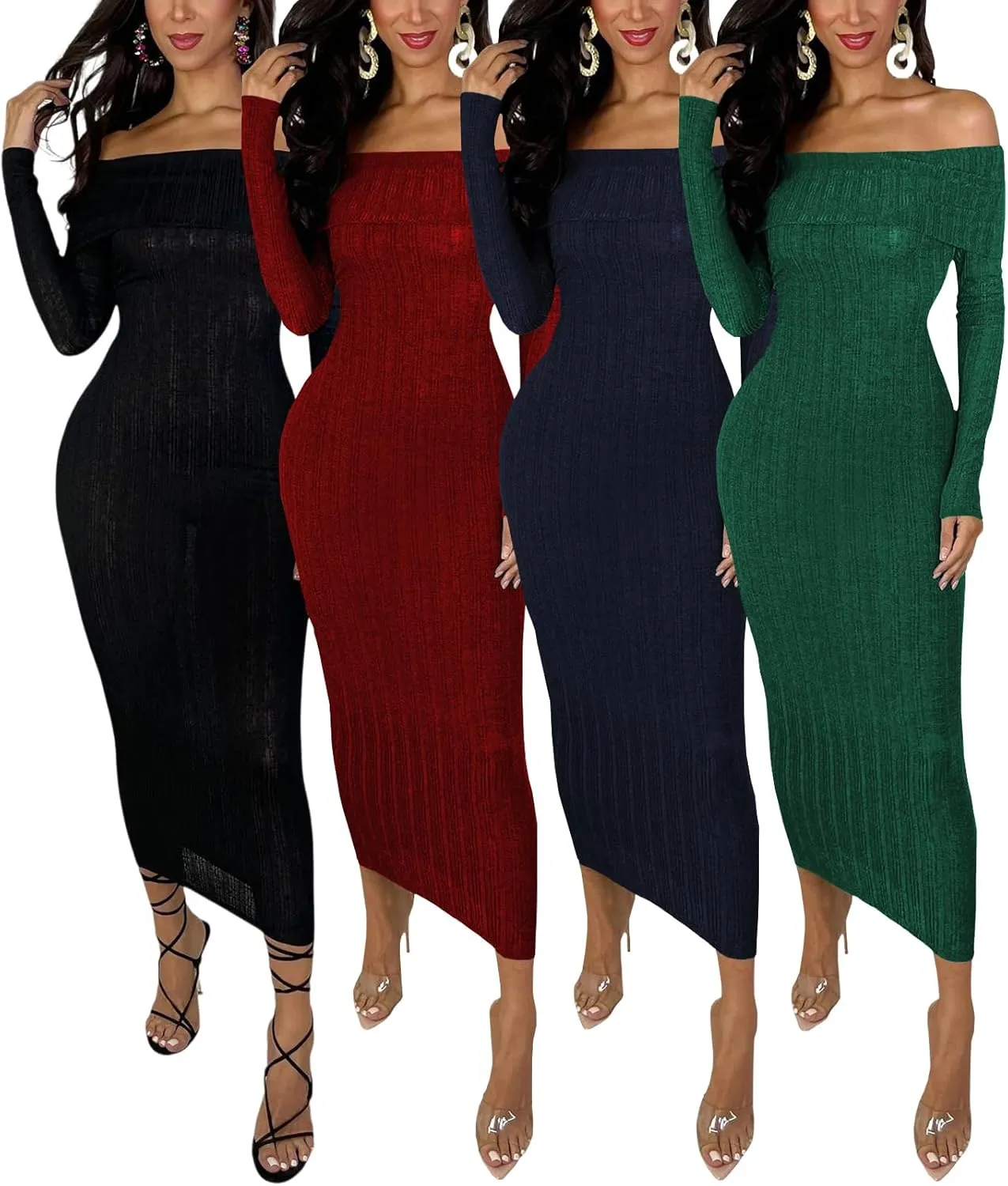 HugeNice Women's Sexy Off Shoulder Midi Dress Long Sleeve Bodycon Ruched Cocktail Party Dresses