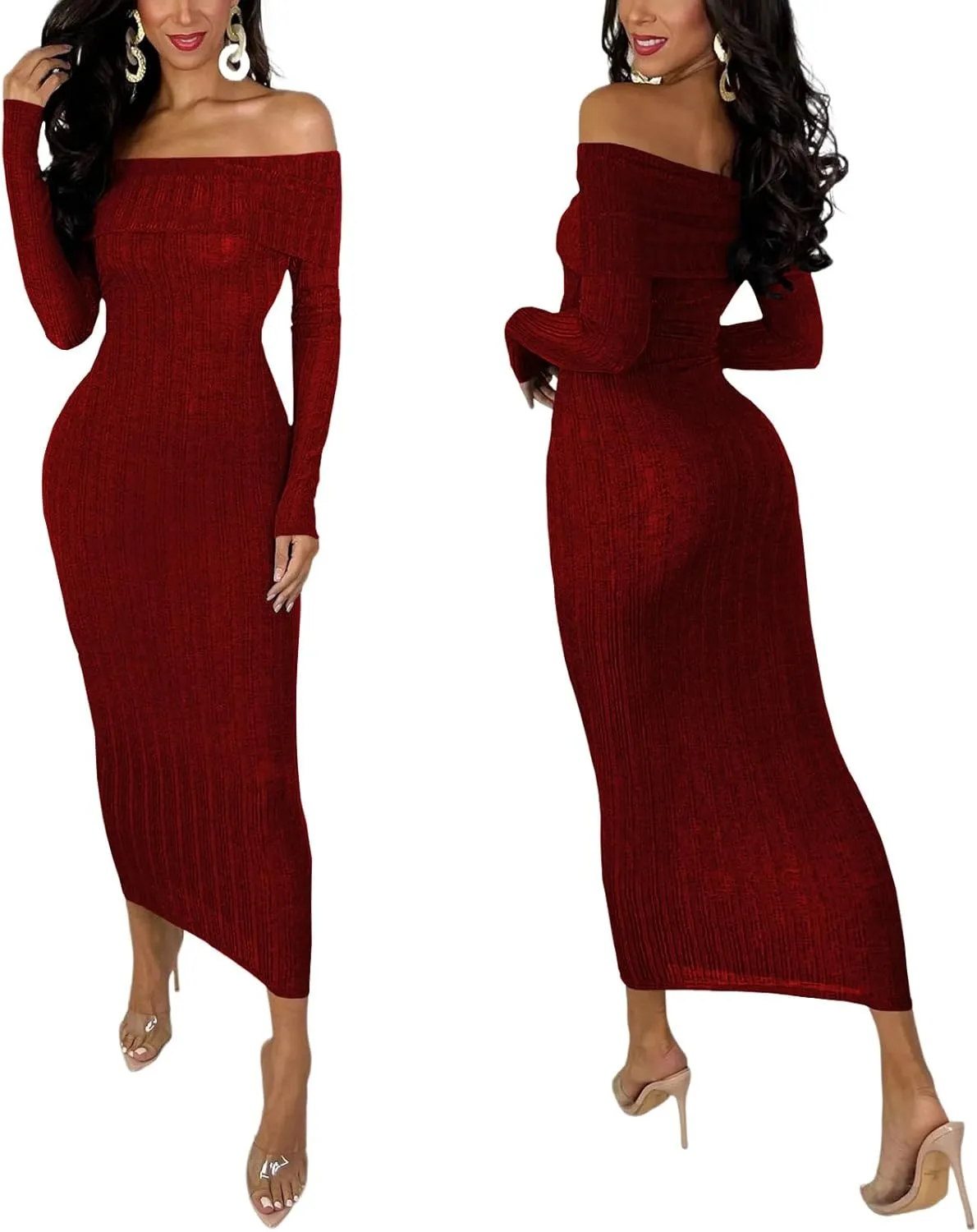 HugeNice Women's Sexy Off Shoulder Midi Dress Long Sleeve Bodycon Ruched Cocktail Party Dresses