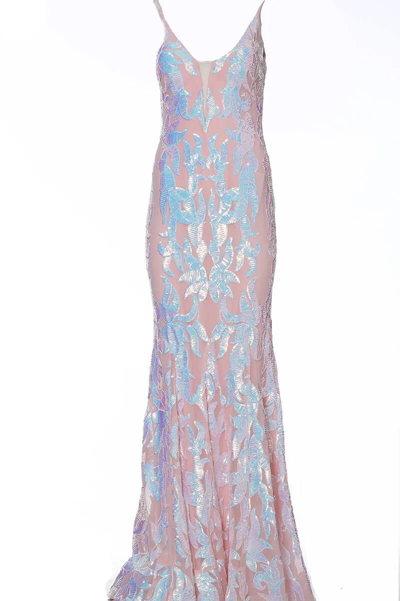 Jovani 3263 Long Fitted Mermaid Sequin Prom Dress Pageant Gown V Back