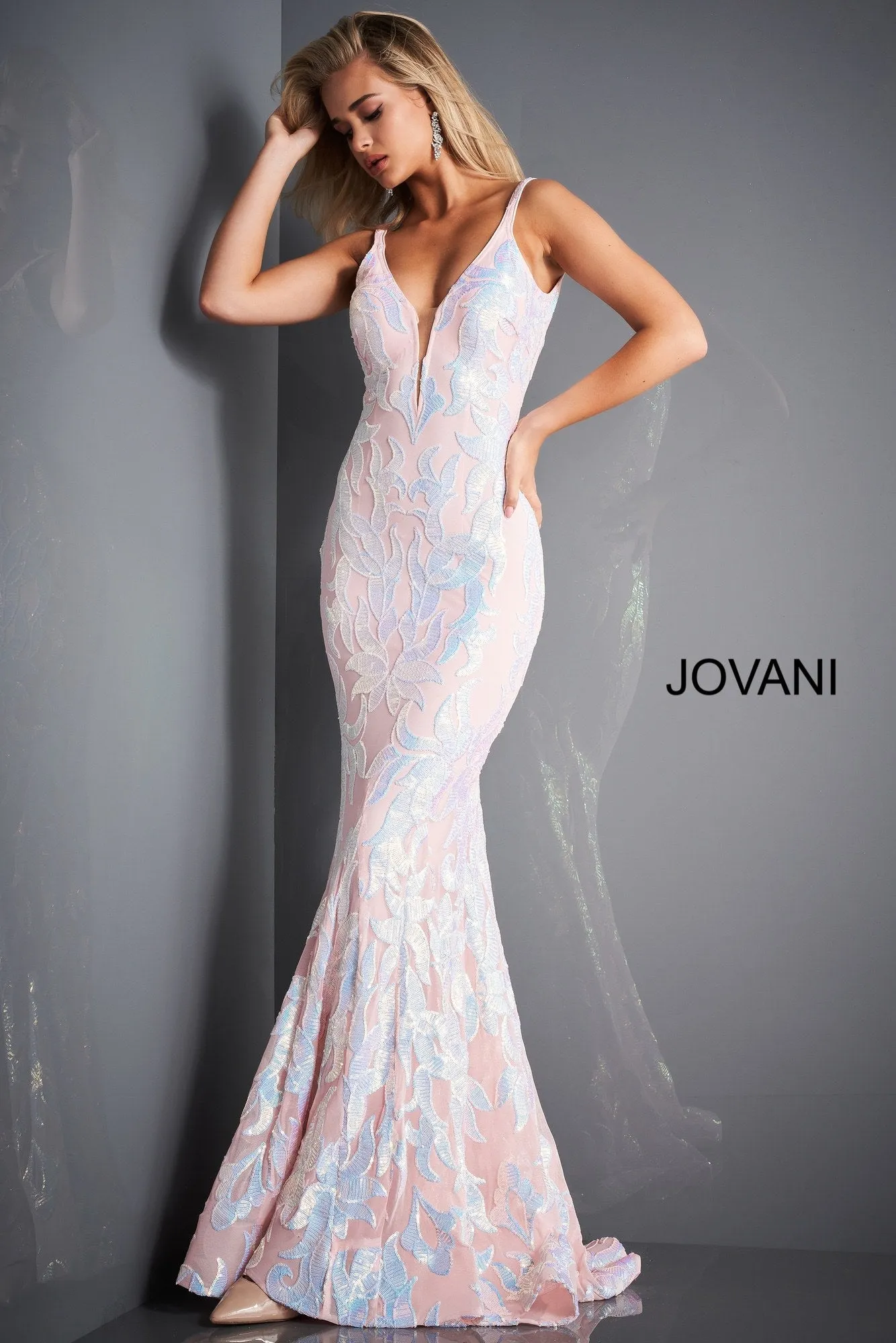 Jovani 3263 Long Fitted Mermaid Sequin Prom Dress Pageant Gown V Back