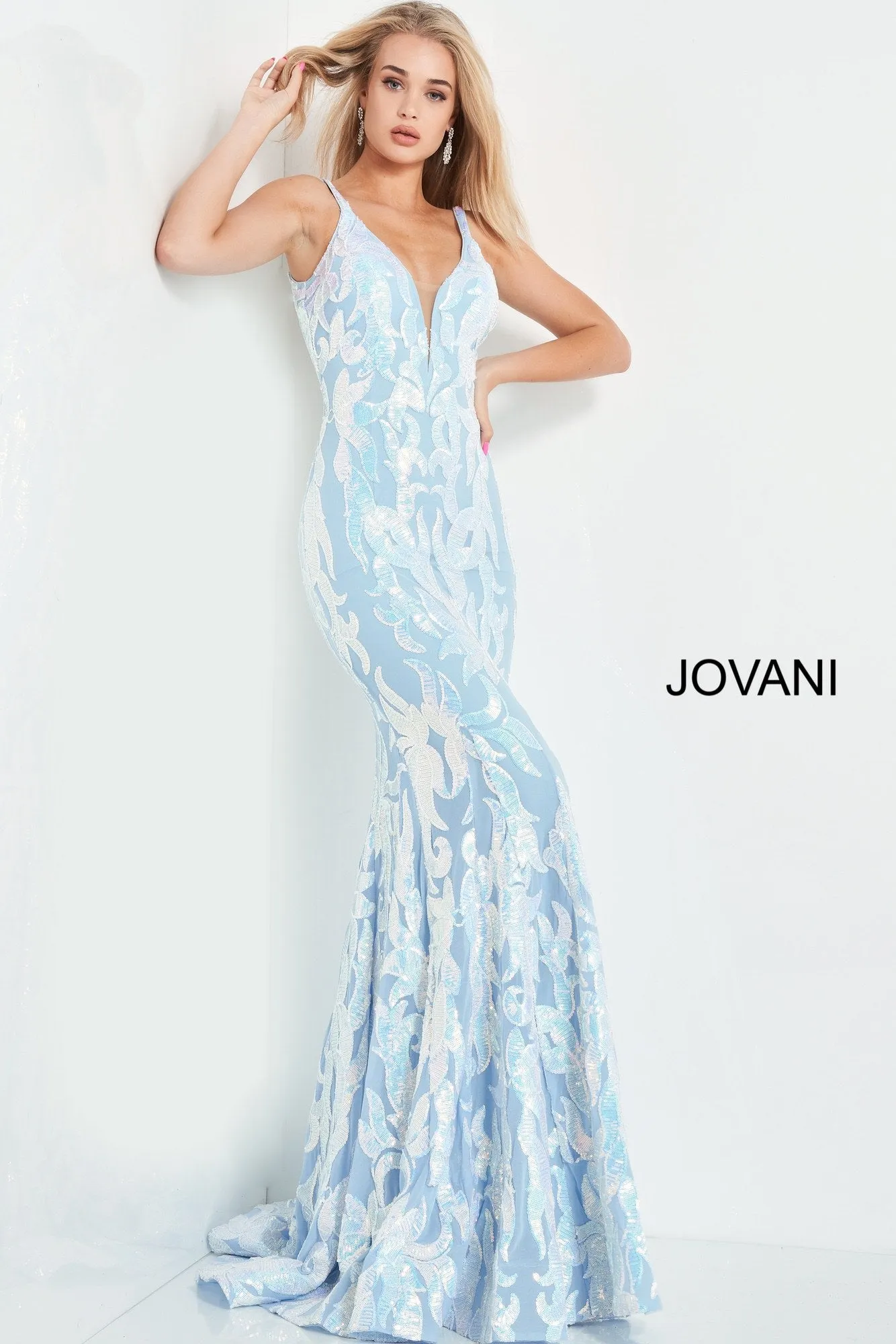 Jovani 3263 Long Fitted Mermaid Sequin Prom Dress Pageant Gown V Back