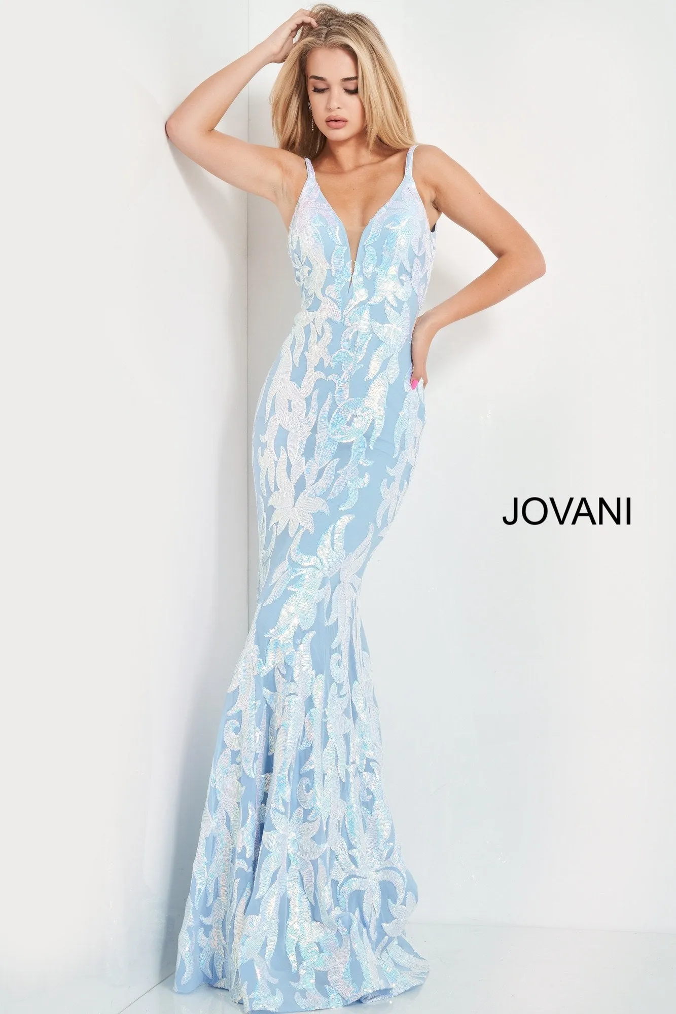 Jovani 3263 Long Fitted Mermaid Sequin Prom Dress Pageant Gown V Back