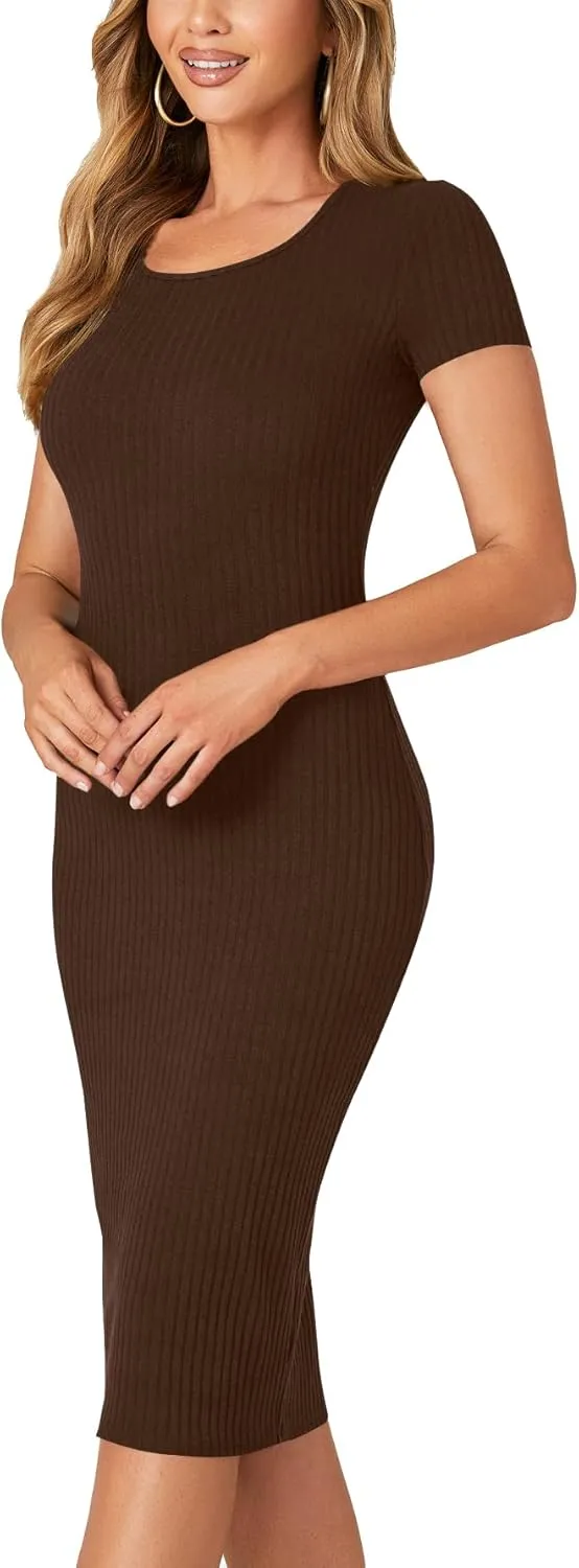 LYANER Women's Summer Round Neck Short Sleeve Ribbed Knit Bodycon Pencil Midi Dress