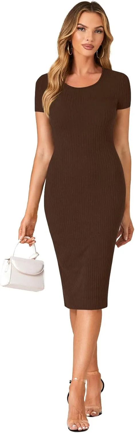 LYANER Women's Summer Round Neck Short Sleeve Ribbed Knit Bodycon Pencil Midi Dress