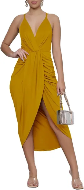 LYANER Women's V Neck Ruched Wrap Slit Hem Sleeveless Spaghetti Strap Midi Bodycon Dress