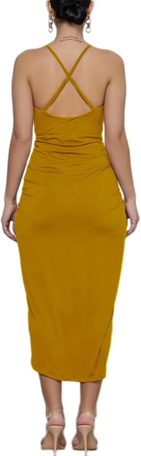LYANER Women's V Neck Ruched Wrap Slit Hem Sleeveless Spaghetti Strap Midi Bodycon Dress