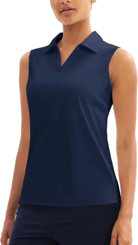 MAGCOMSEN Women's Sleeveless Golf Polo Shirts UPF 50  Tank Tops V-Neck Quick Dry Workout Athletic Tops