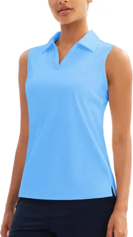 MAGCOMSEN Women's Sleeveless Golf Polo Shirts UPF 50  Tank Tops V-Neck Quick Dry Workout Athletic Tops