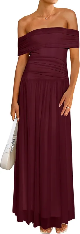 MASCOMODA Women Off The Shoulder Mesh Maxi Dress Bodycon Ruched Formal Sleeveless Pleated Cocktail Wedding Guest Long Dresses