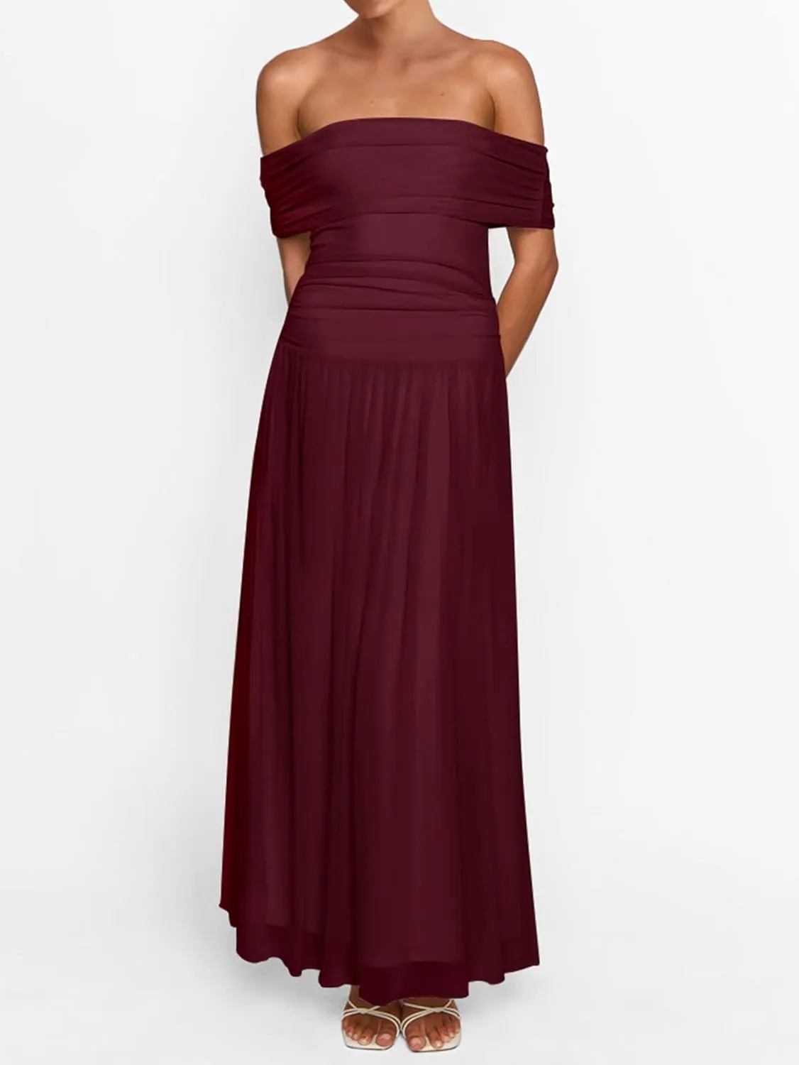 MASCOMODA Women Off The Shoulder Mesh Maxi Dress Bodycon Ruched Formal Sleeveless Pleated Cocktail Wedding Guest Long Dresses