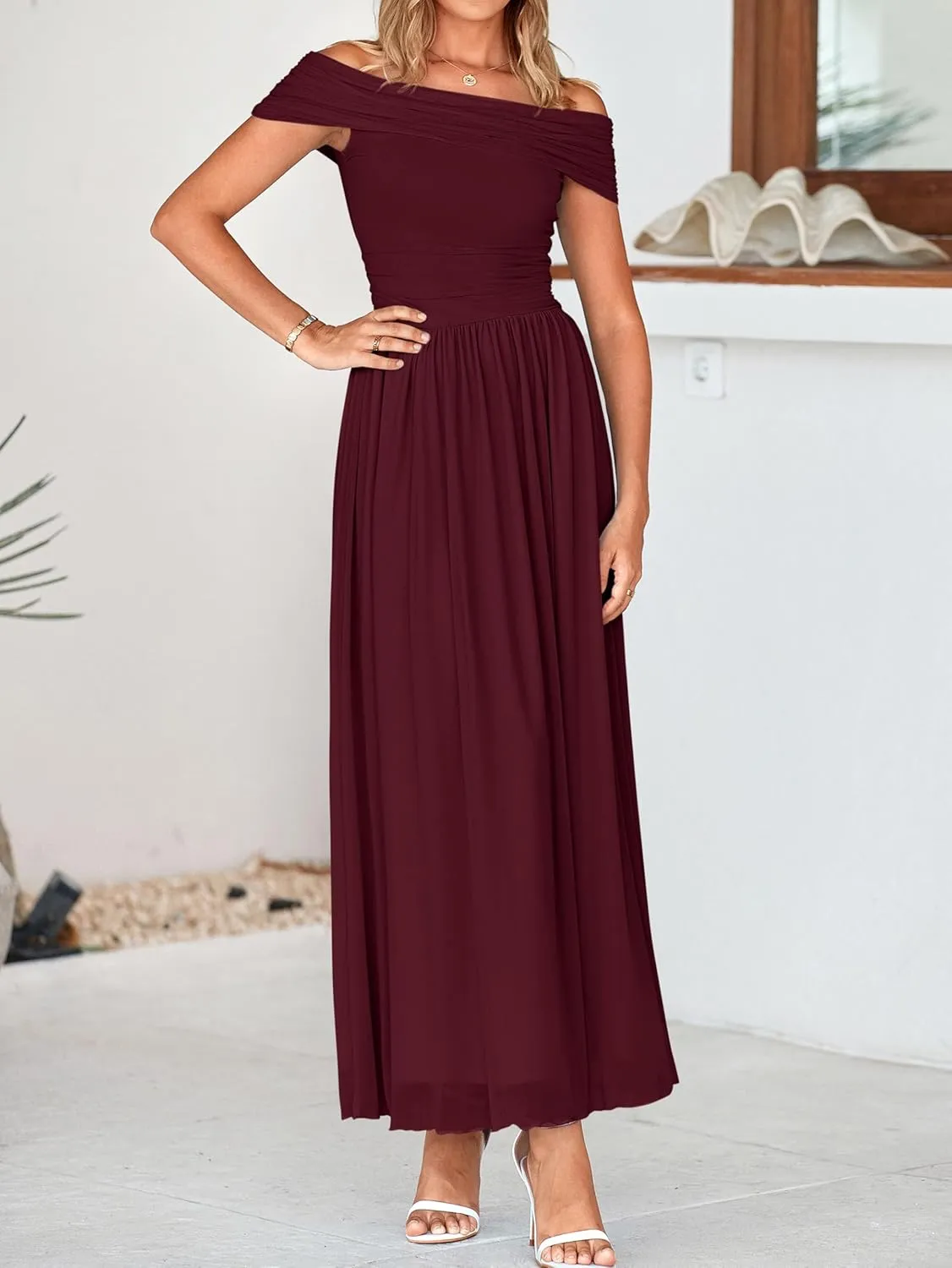 MASCOMODA Women Off The Shoulder Mesh Maxi Dress Bodycon Ruched Formal Sleeveless Pleated Cocktail Wedding Guest Long Dresses