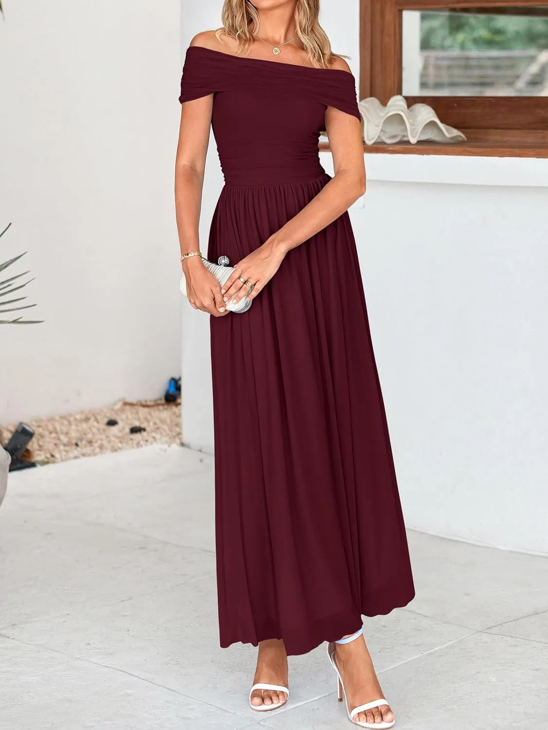 MASCOMODA Women Off The Shoulder Mesh Maxi Dress Bodycon Ruched Formal Sleeveless Pleated Cocktail Wedding Guest Long Dresses