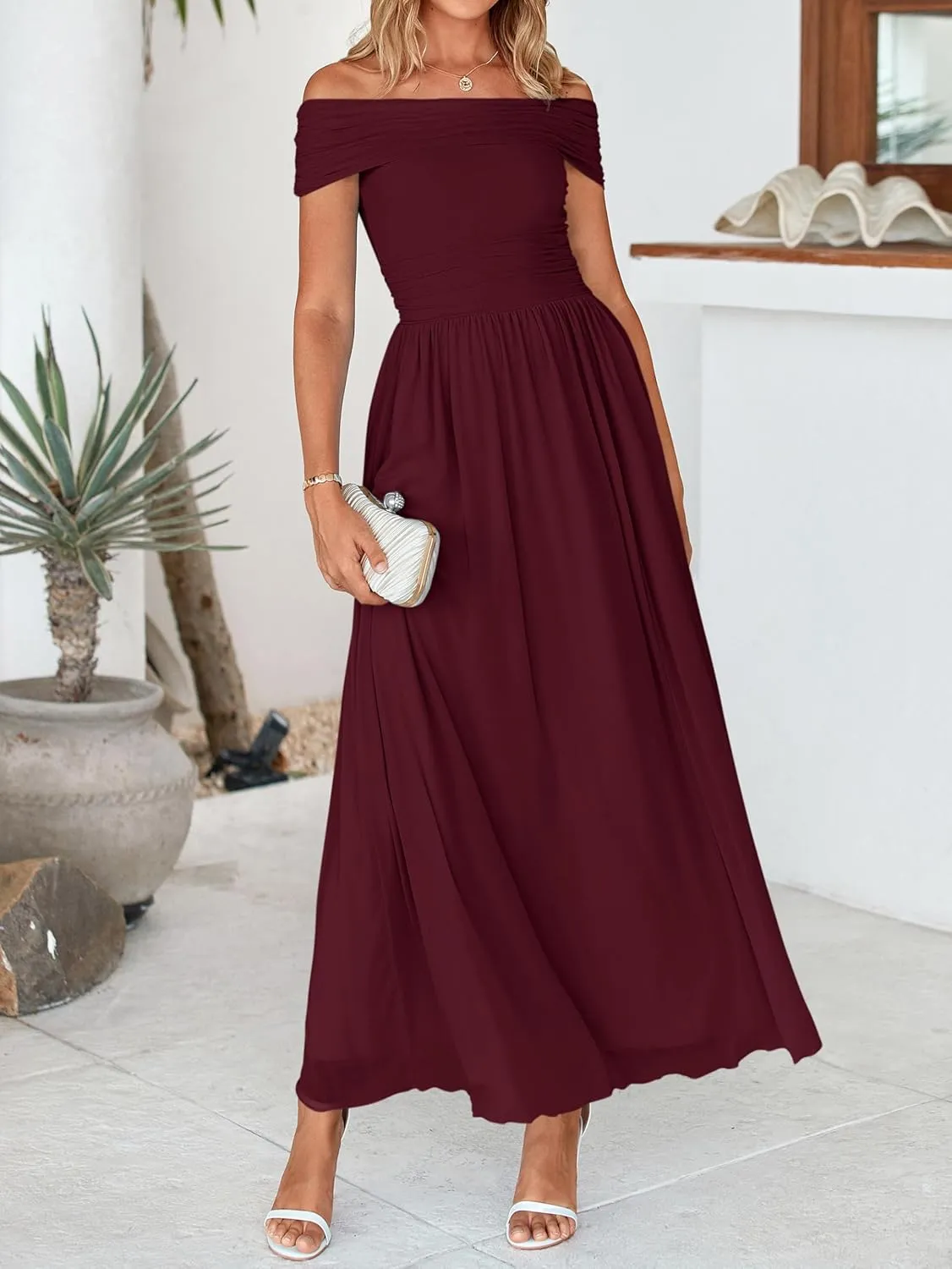 MASCOMODA Women Off The Shoulder Mesh Maxi Dress Bodycon Ruched Formal Sleeveless Pleated Cocktail Wedding Guest Long Dresses