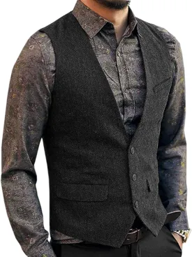 Men's Herringbone Tweed Wool Suit Vest Single Breasted Slim Fit Waistcoat Vest