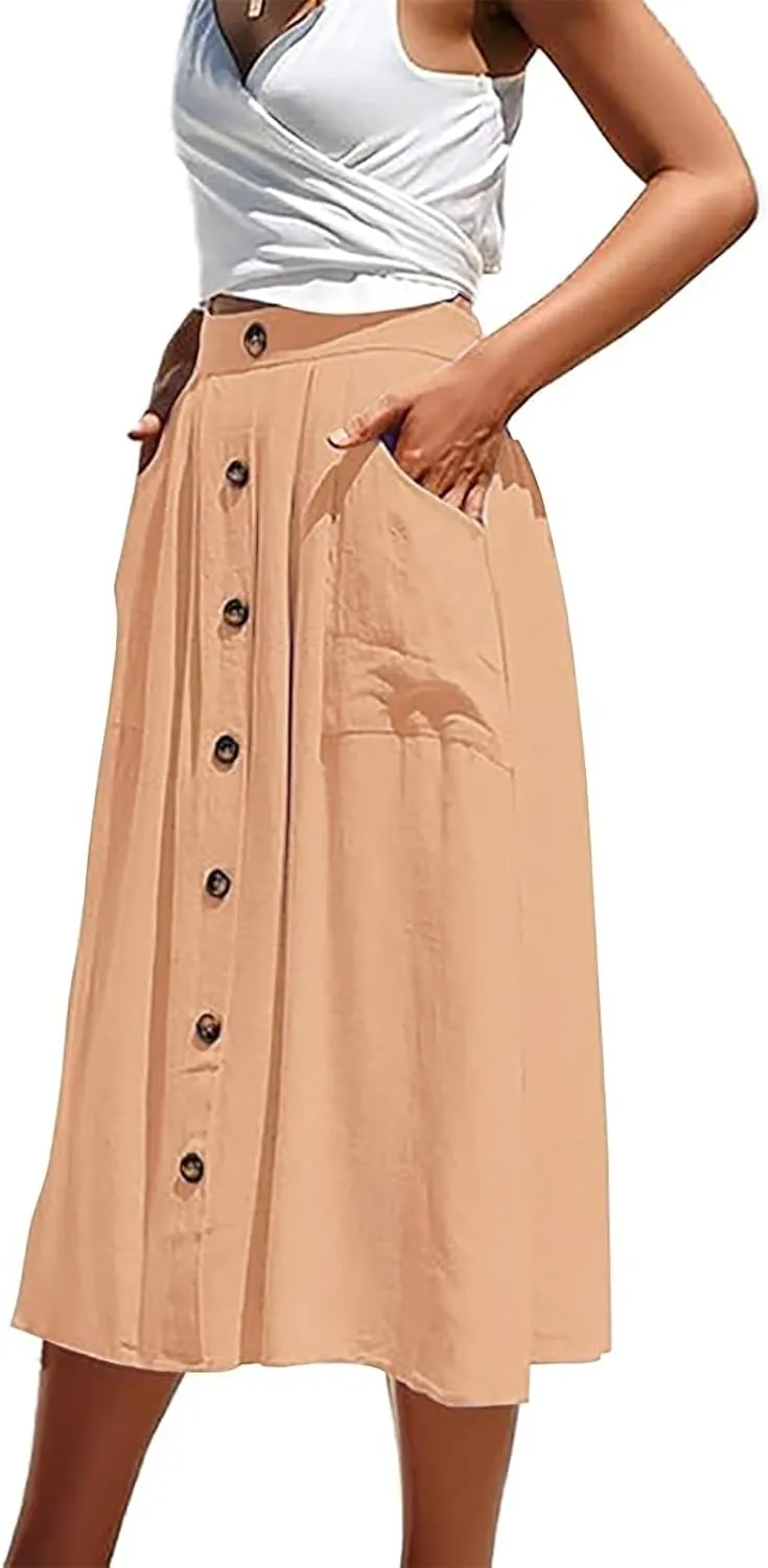 Midi Skirts for Womens High Elastic Waist Pleated A Line Midi Skirt Casual Button Front Flared Skirts with Pockets