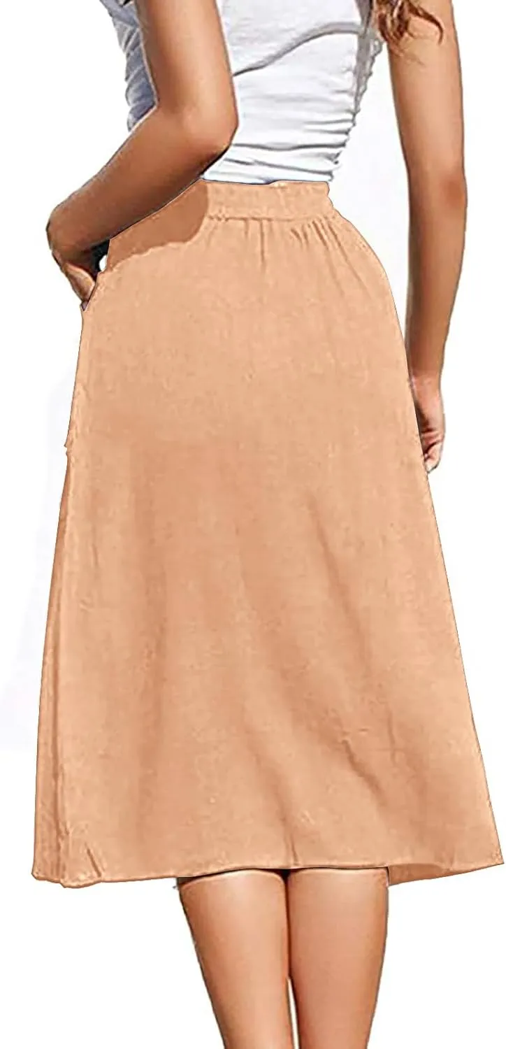 Midi Skirts for Womens High Elastic Waist Pleated A Line Midi Skirt Casual Button Front Flared Skirts with Pockets