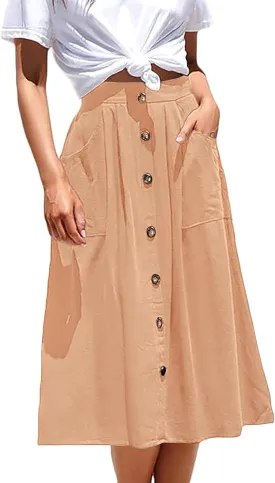 Midi Skirts for Womens High Elastic Waist Pleated A Line Midi Skirt Casual Button Front Flared Skirts with Pockets