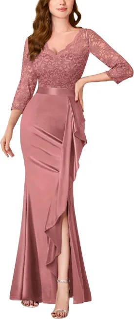 MISSMAY Women's Elegant Floral Lace V-Neck Formal Wedding Maxi Dress