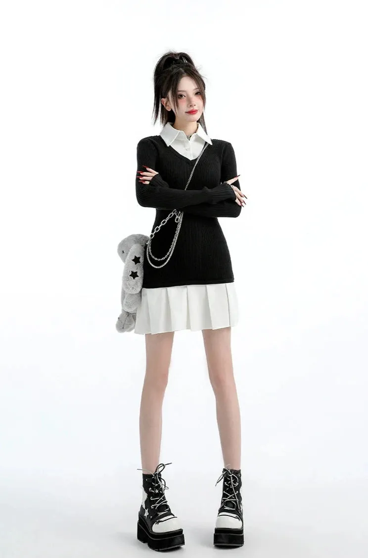 Mock Layered Pleated Hem Long Sleeve Dress