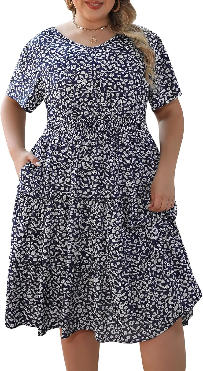 Nemidor Womens Plus Size Summer Midi Dress Casual Tiered Floral Print Beach Swing Boho Dresses with Pocket 16-26