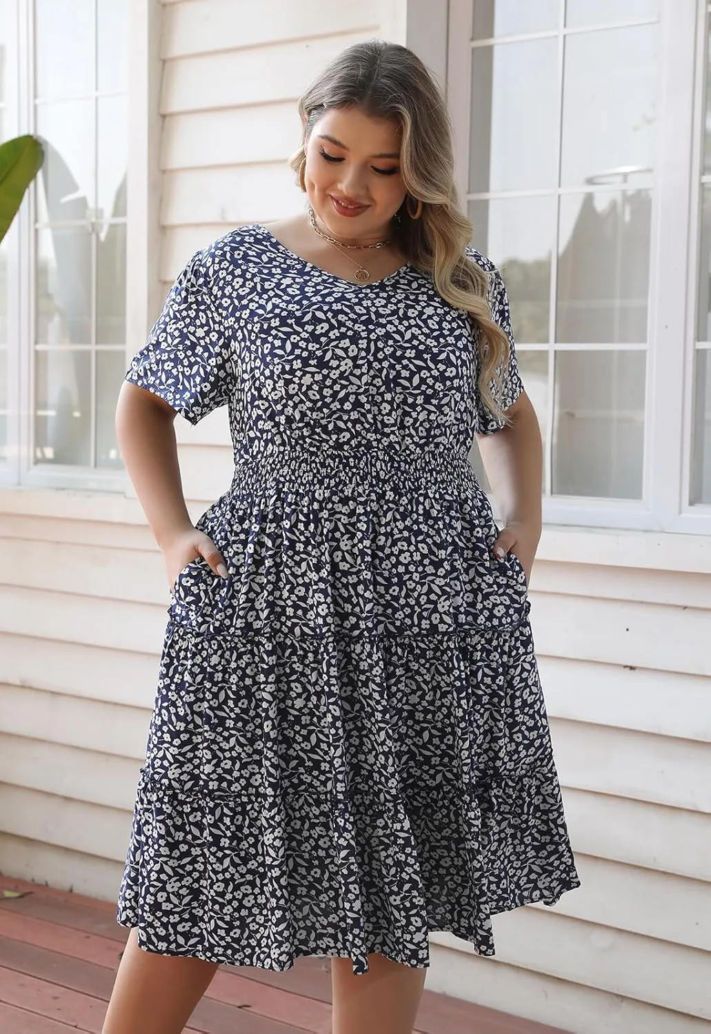 Nemidor Womens Plus Size Summer Midi Dress Casual Tiered Floral Print Beach Swing Boho Dresses with Pocket 16-26
