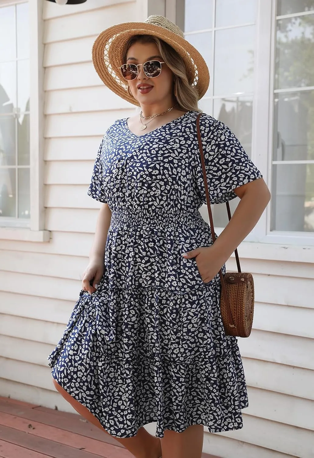 Nemidor Womens Plus Size Summer Midi Dress Casual Tiered Floral Print Beach Swing Boho Dresses with Pocket 16-26