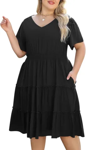 Nemidor Womens Plus Size Summer Midi Dress Casual Tiered Floral Print Beach Swing Boho Dresses with Pocket 16-26