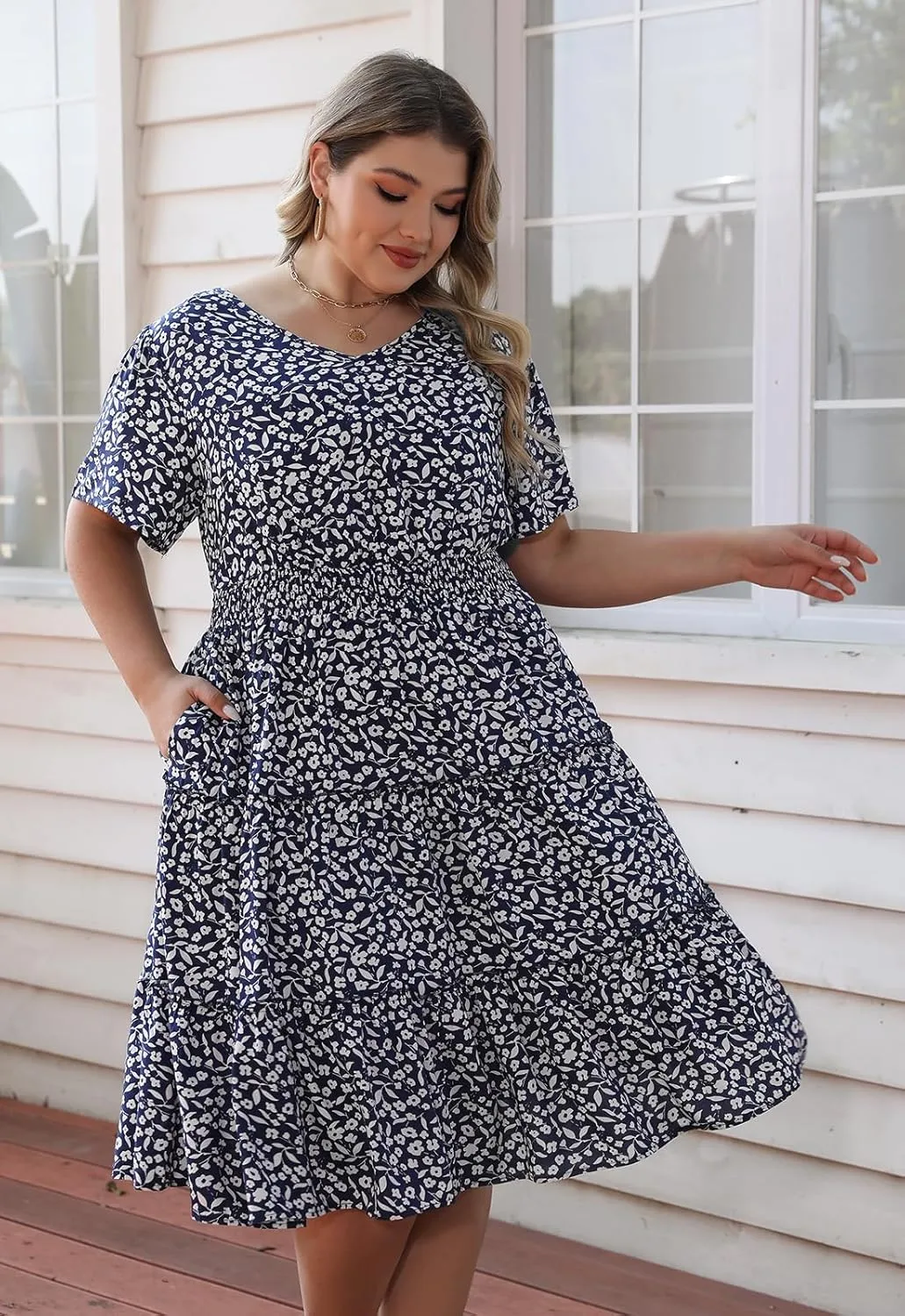 Nemidor Womens Plus Size Summer Midi Dress Casual Tiered Floral Print Beach Swing Boho Dresses with Pocket 16-26