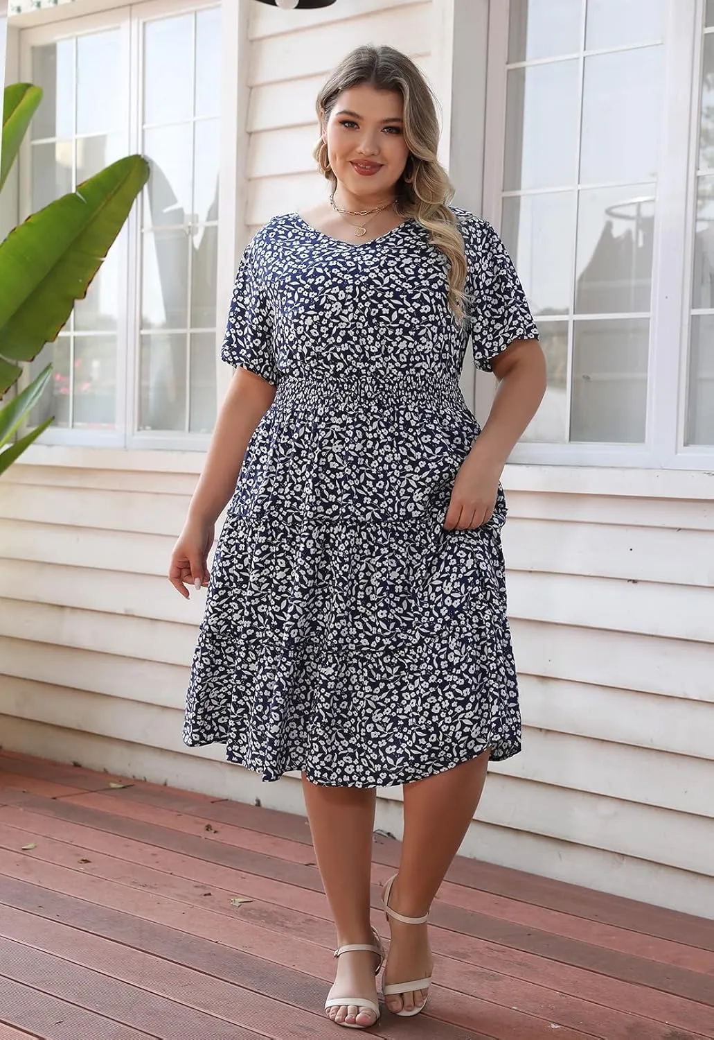 Nemidor Womens Plus Size Summer Midi Dress Casual Tiered Floral Print Beach Swing Boho Dresses with Pocket 16-26
