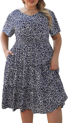 Nemidor Womens Plus Size Summer Midi Dress Casual Tiered Floral Print Beach Swing Boho Dresses with Pocket 16-26