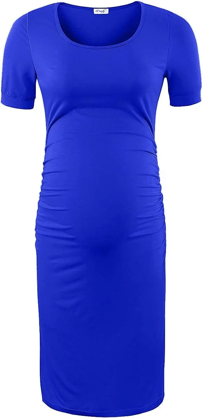 Peauty Everyday Essentials Maternity Bodycon Dress Side Ruch & Short Sleeve Dress for Baby Shower Daily (S-2XL)