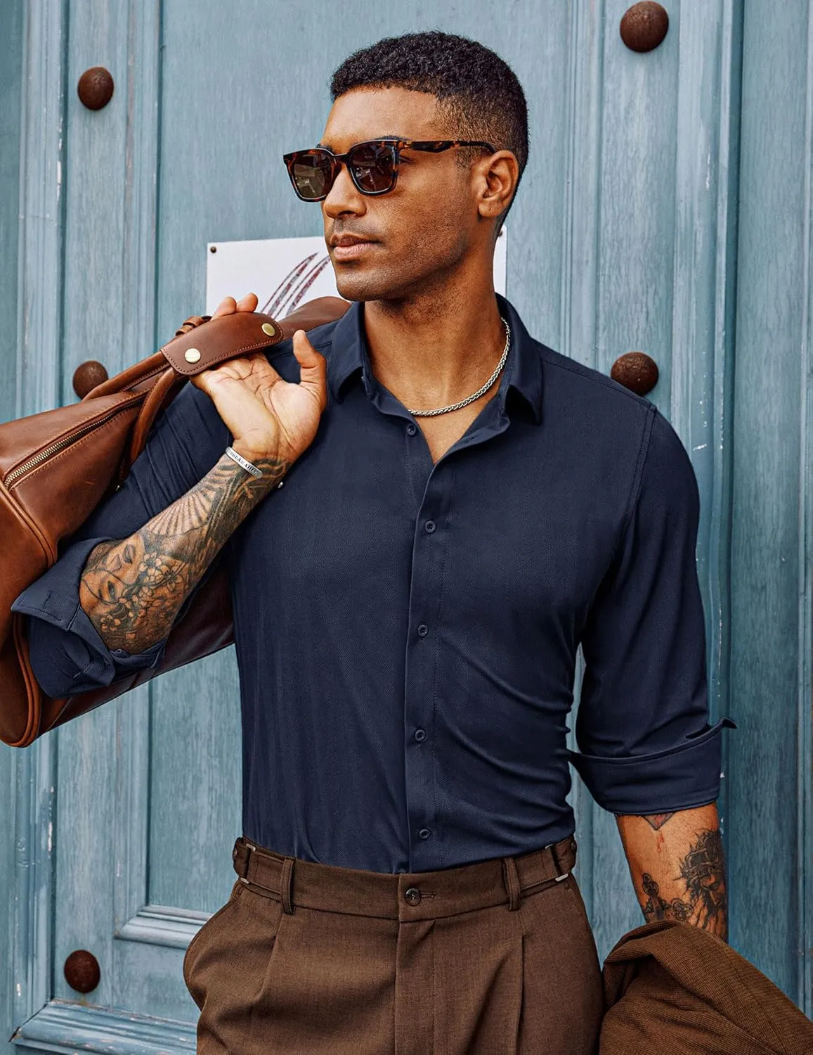 PJ PAUL JONES Men's Casual Stretch Shirts Wrinkle Free Herringbone Button Down Shirts Long Sleeve Dress Shirt