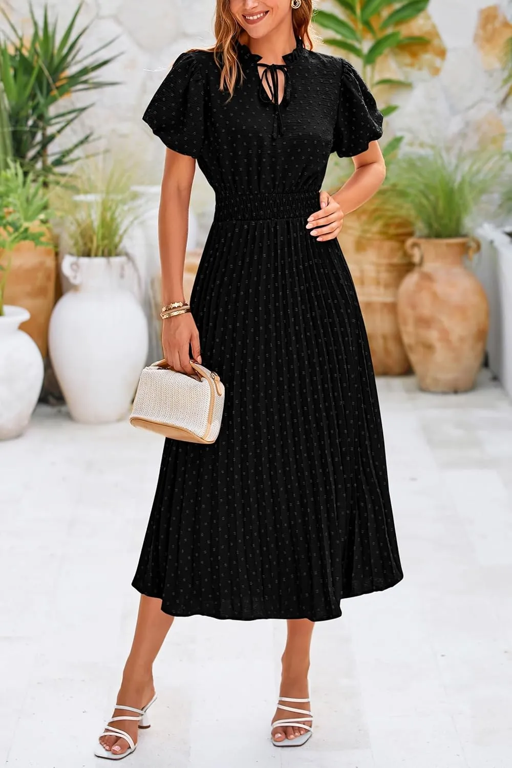 PRETTYGARDEN Womens Summer Midi Dresses Puff Short Sleeve V Neck Swiss Dot Pleated A Line Flowy Long Wedding Guest Dress