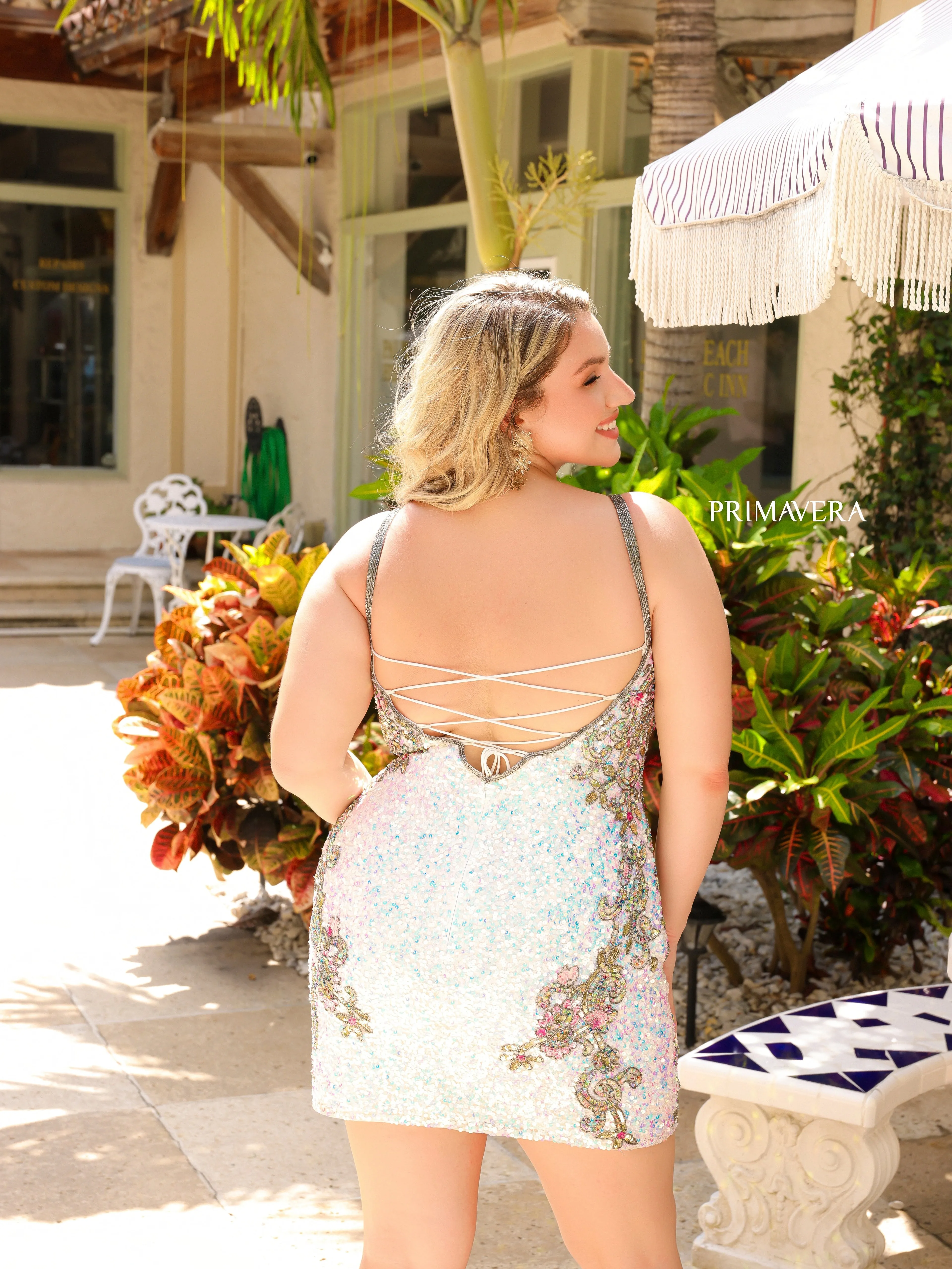 Primavera Couture 14029 Curvy Cocktail Dress Sequin Embellished Bodice Sides Scoop Neck Open Tie Back Curvy Short Homecoming Cocktail Dress