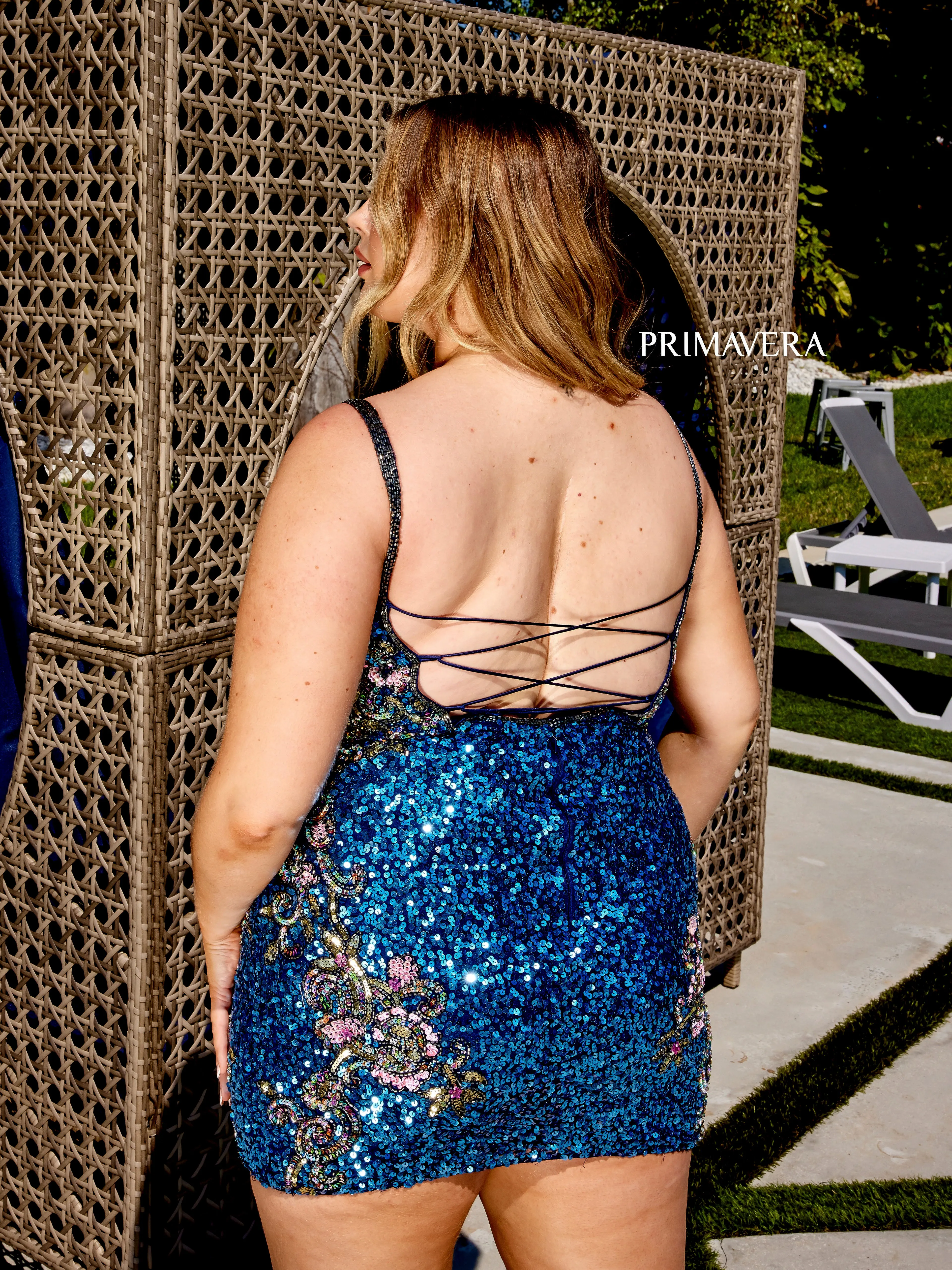 Primavera Couture 14029 Curvy Cocktail Dress Sequin Embellished Bodice Sides Scoop Neck Open Tie Back Curvy Short Homecoming Cocktail Dress