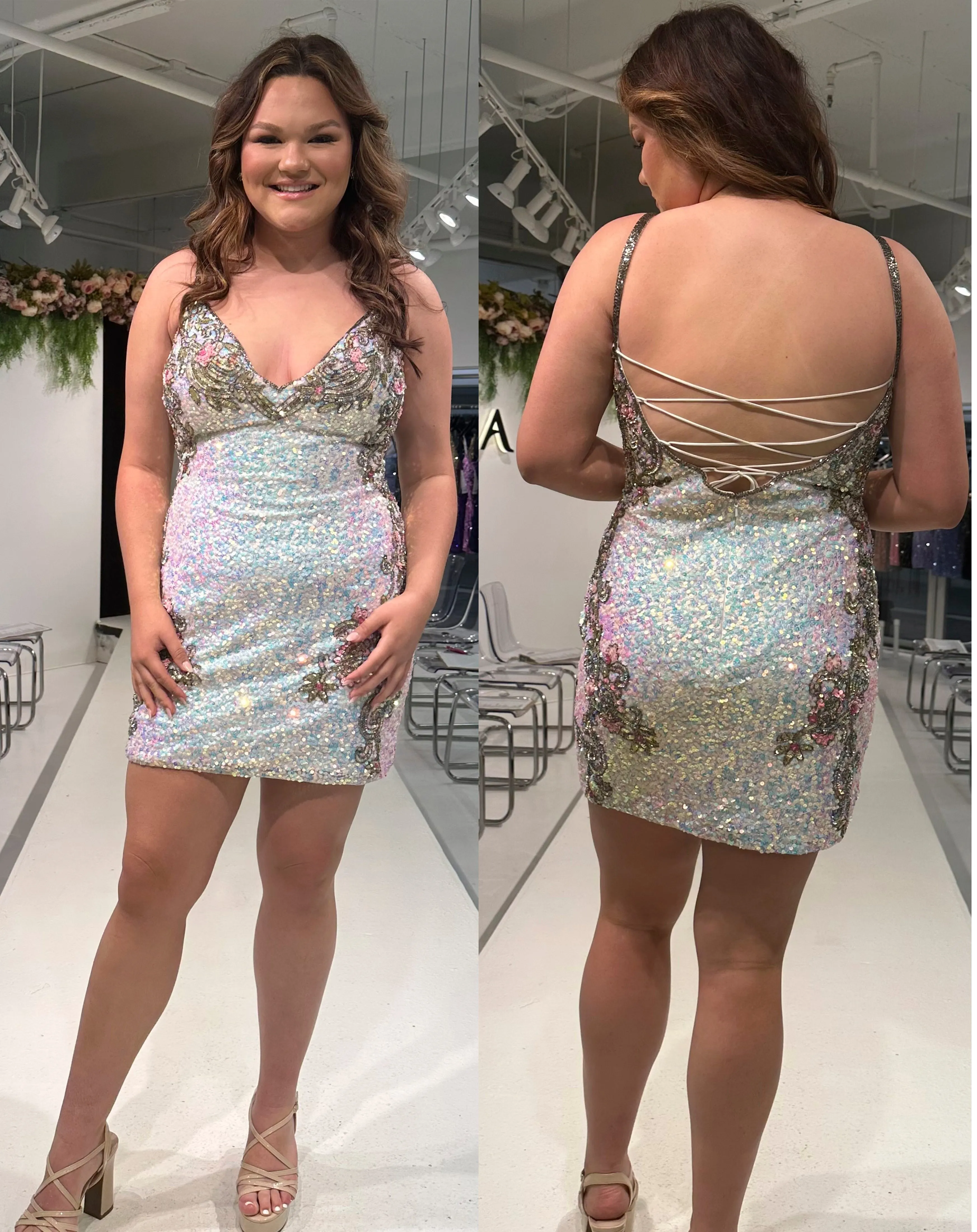 Primavera Couture 14029 Curvy Cocktail Dress Sequin Embellished Bodice Sides Scoop Neck Open Tie Back Curvy Short Homecoming Cocktail Dress