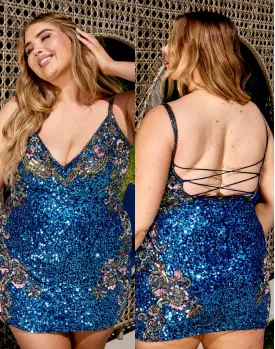 Primavera Couture 14029 Curvy Cocktail Dress Sequin Embellished Bodice Sides Scoop Neck Open Tie Back Curvy Short Homecoming Cocktail Dress