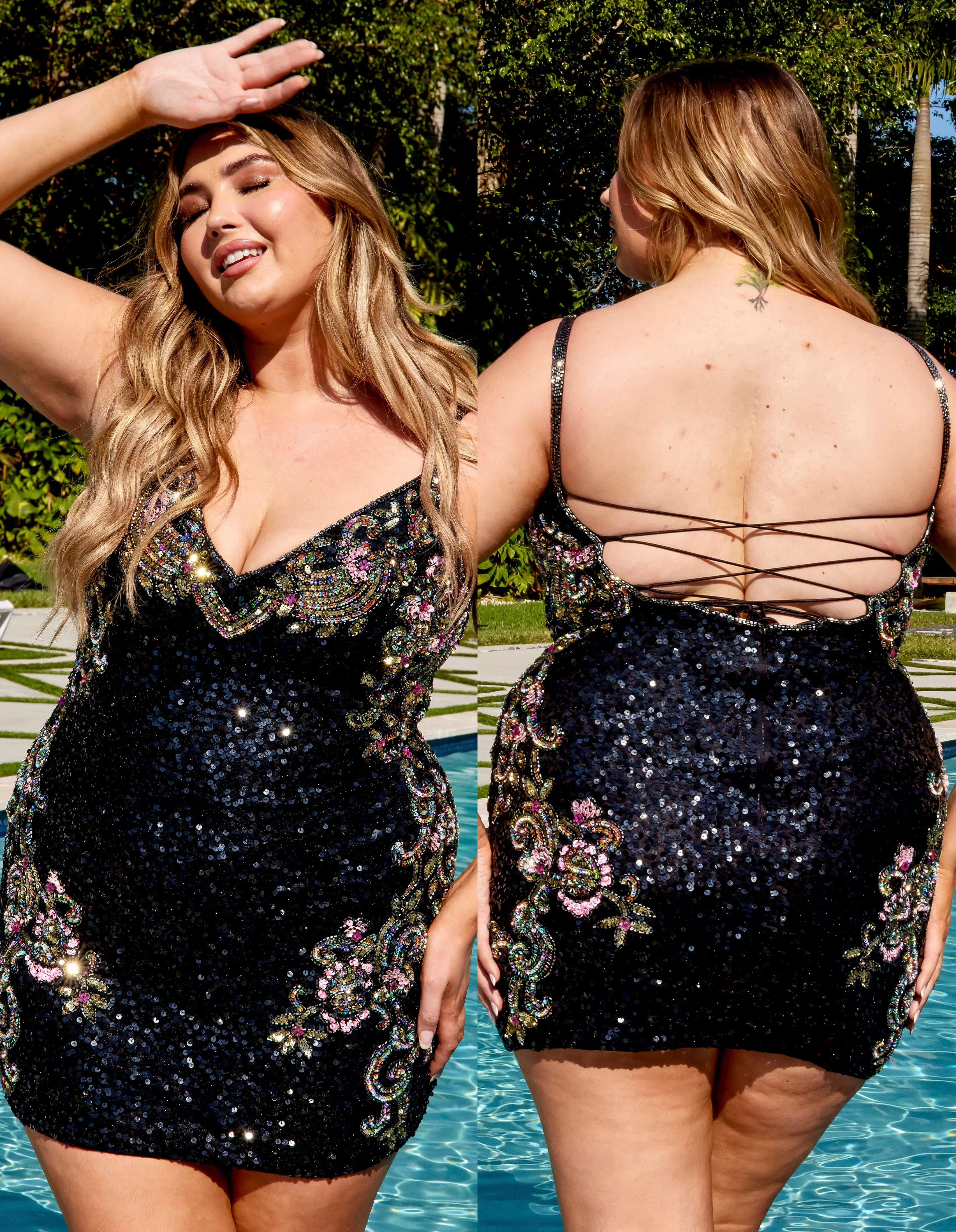 Primavera Couture 14029 Curvy Cocktail Dress Sequin Embellished Bodice Sides Scoop Neck Open Tie Back Curvy Short Homecoming Cocktail Dress