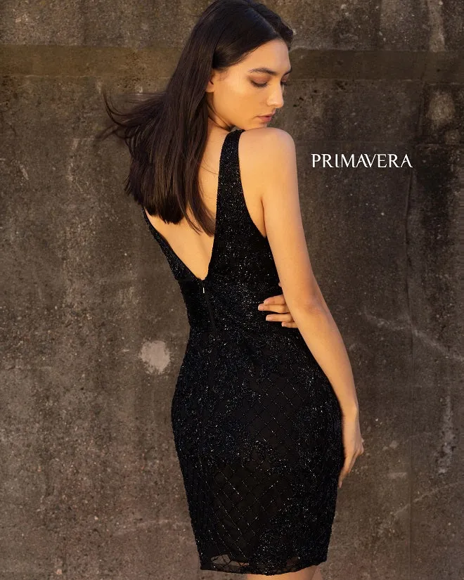 Primavera Couture 3514 Size 14 Black Beaded short cocktail dress homecoming Formal Fitted Gown