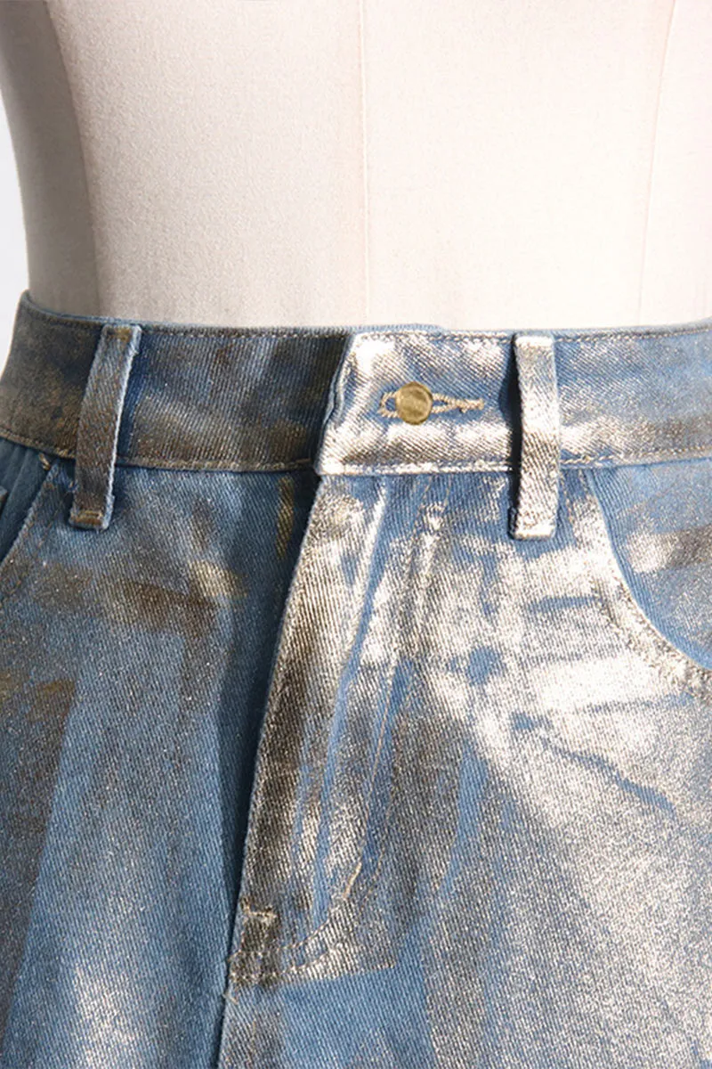 QL682 Metallic A-line Denim Skirt