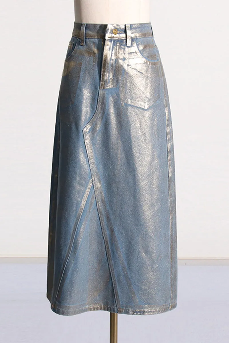 QL682 Metallic A-line Denim Skirt